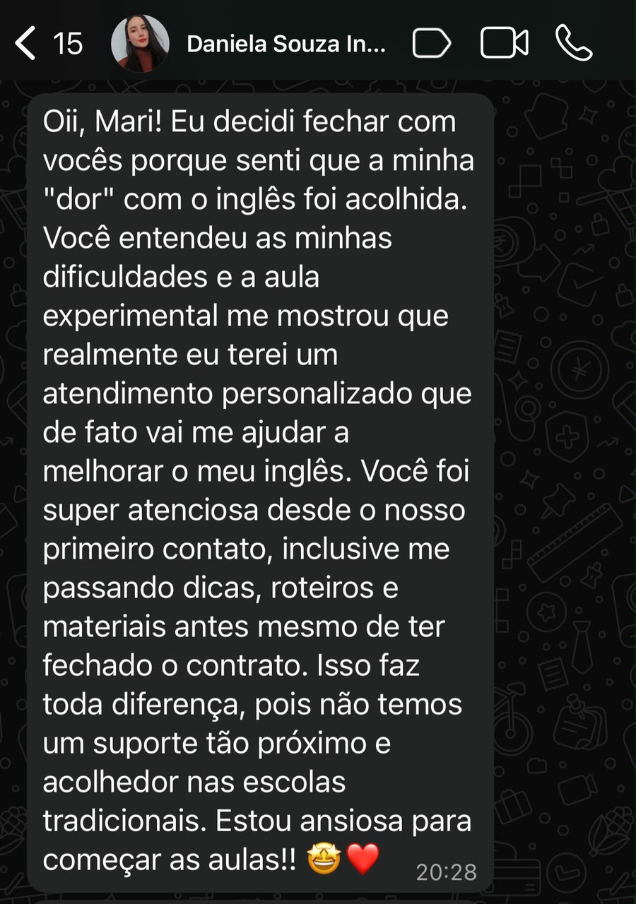 Depoimento de Daniela Souza sobre o atendimento do Inglês Falado