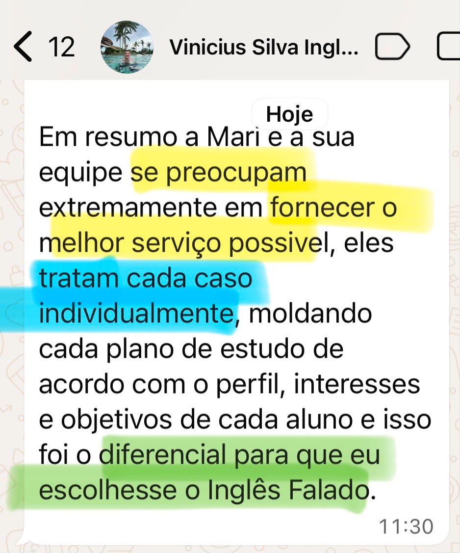 Depoimento de Vinicius Silva sobre o atendimento do Inglês Falado